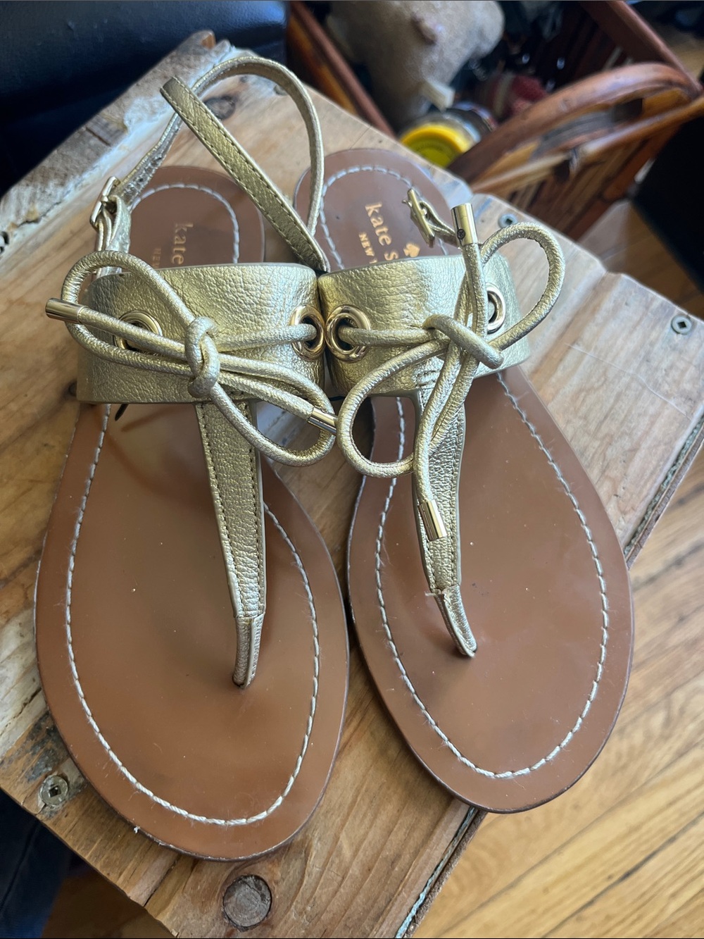 kate spade Gold Leather T-Strap Knot Sandals